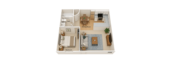 A 3D floor plan of a small apartment with a bedroom, dining room, and bathroom.