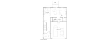 A floor plan of a home with a living room, dining room, kitchen, patio, entry, covered porch, 2-car garage, and a powder room.