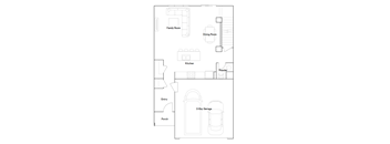 A floor plan of a house with a family room, dining room, kitchen, powder room, entry, porch, and a 2-bay garage.