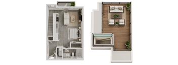 Two images of a dollhouse interior, one with a grey floor and the other with a wooden floor.