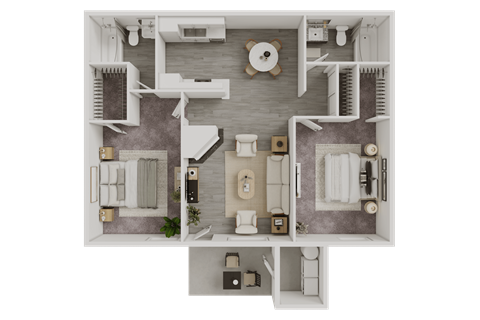 A top-down view of a house layout with a kitchen, living room, and bathrooms.