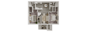 A top-down view of a house layout with a kitchen, living room, and bathrooms.