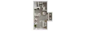 A top-down view of a small apartment with a kitchen, living room, and bathroom.