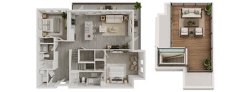 A floor plan of a house with a kitchen, living room, and bathroom.