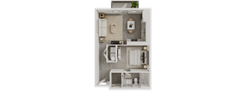 A top-down view of a small, neatly organized bathroom with a toilet, sink, bathtub, and a couch.