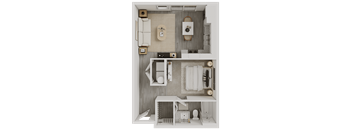 A top-down view of a small, neatly organized bathroom with a toilet, sink, and bathtub.