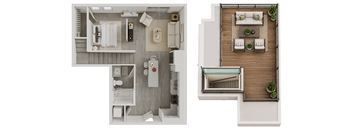 A top-down view of a small apartment with a kitchen, living room, and bathroom.