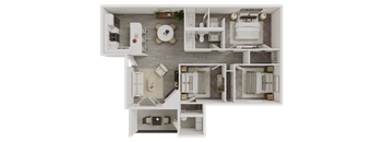 A 3D floor plan of a house with a kitchen, living room, and two bedrooms.