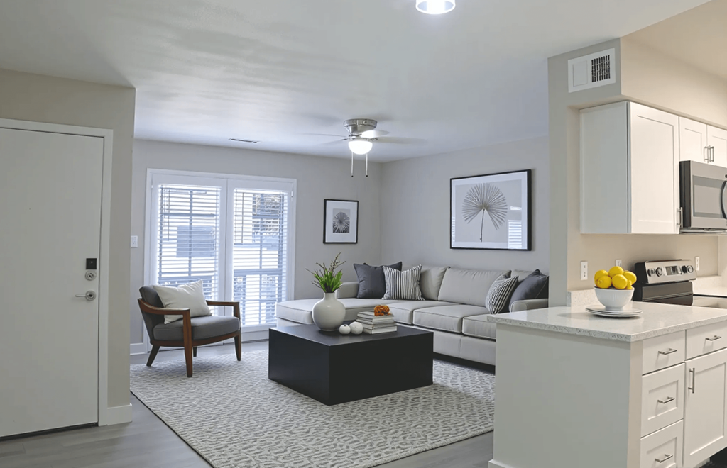 A modern living room with a grey sofa, a black coffee table, and a kitchen area with a microwave and oven.