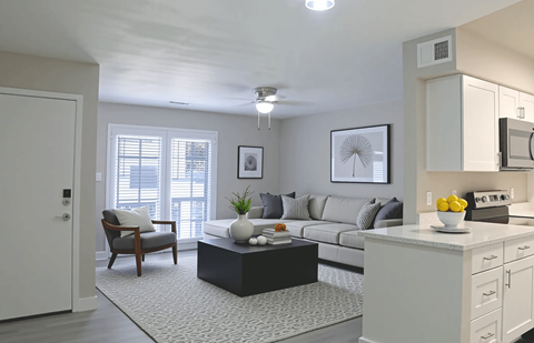 A modern living room with a grey sofa, a black coffee table, and a kitchen area with a microwave and oven.