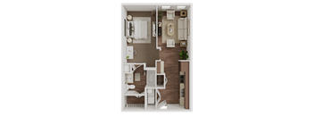 3D one bedroom floor plan with living and kitchen areas at The Mark at Midtown Apartments, Dallas, Texas