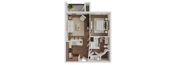 A detailed 3D floor plan of a small apartment.