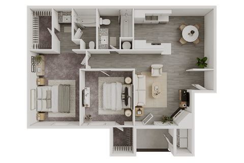 A top-down view of a house layout with a kitchen, living room, and bathroom.