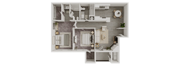 A top-down view of a house layout with a kitchen, living room, and bathroom.