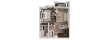 A top-down view of a small apartment with a bedroom, living room, and kitchen.