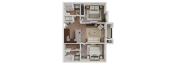 A top-down view of a two-story apartment layout with a living room, kitchen, dining area, and bedrooms.