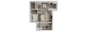 A top-down view of a house layout with a kitchen, living room, and bathroom.