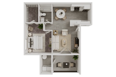 A top-down view of a house layout with a kitchen, living room, and bathroom.