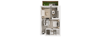 A top-down view of a small, neatly organized apartment with a living area, kitchen, and bathroom.