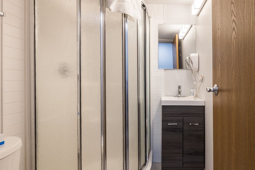 a bathroom with a shower and a sink