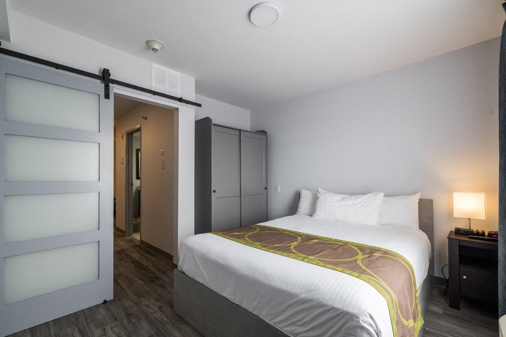 a bedroom with a bed and a closet