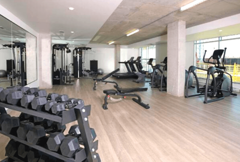 A gym with a variety of equipment including treadmills, weights, and exercise machines.