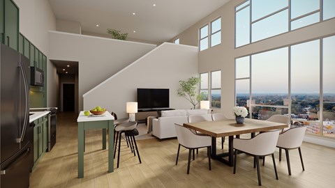 A modern kitchen with a dining table and chairs.