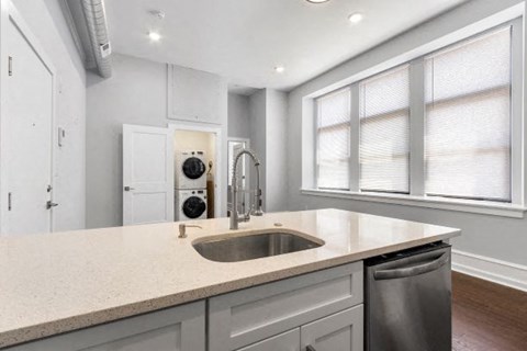 A modern kitchen with a sink and a dishwasher.