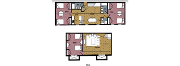 A floor plan of a unit with a living room, kitchen, and two bedrooms.
