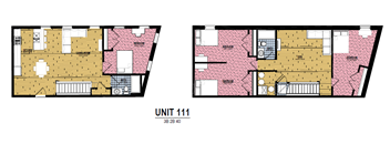 Two images showing the layout of apartment 111 with dimensions 38x28x4.