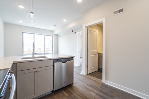 A kitchen with a sink, dishwasher, and a window.