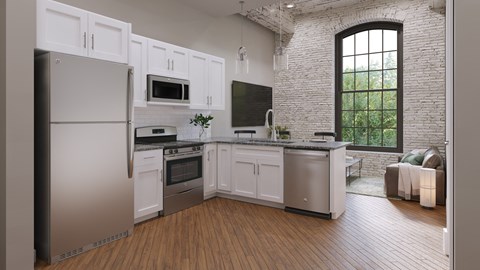 A modern kitchen with white cabinets and stainless steel appliances.