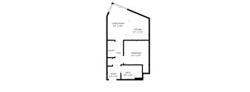 A floor plan of a house with a living room, kitchen, bedroom, bathroom, utility hall and foyer.