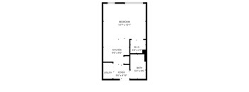 A black and white image of a floor plan for a bedroom, kitchen, and bathroom.