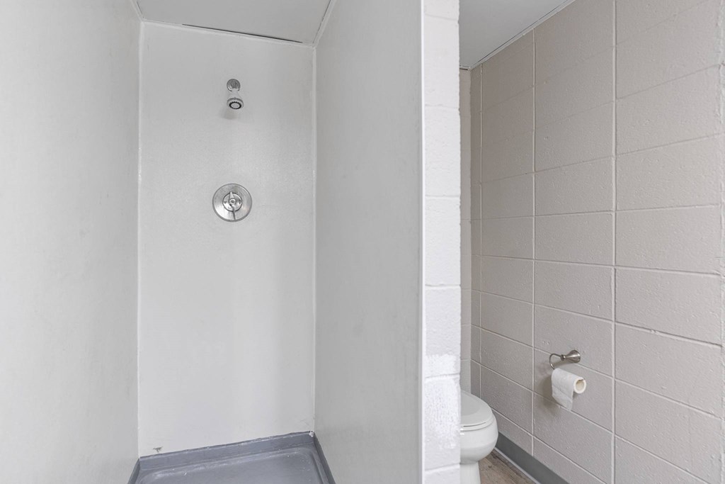 a white bathroom with a shower and a toilet