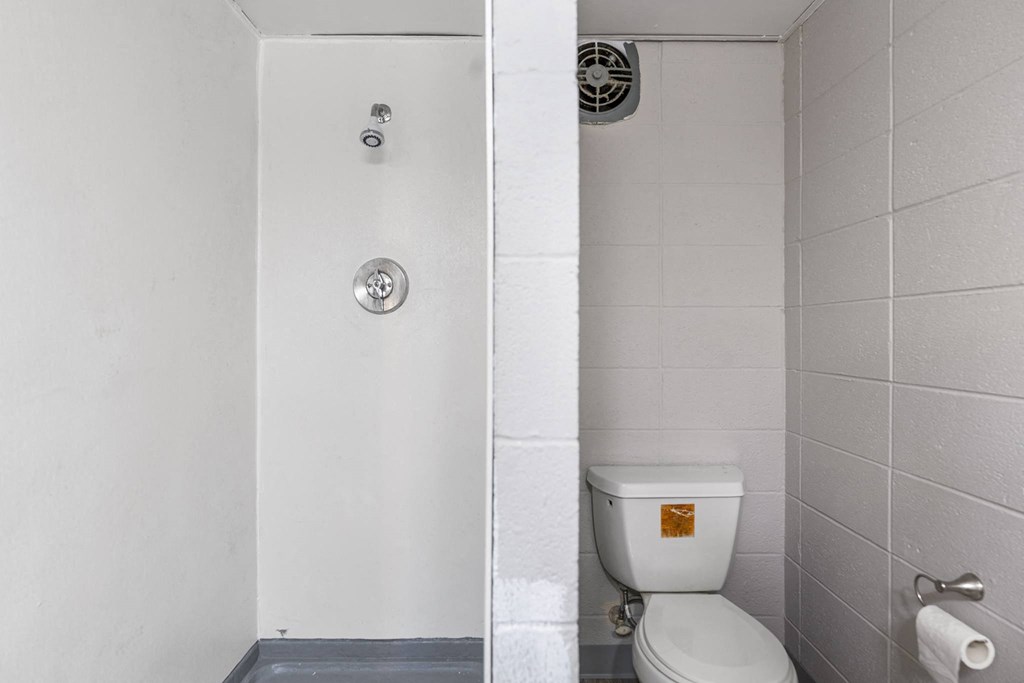 a white bathroom with a toilet and a shower