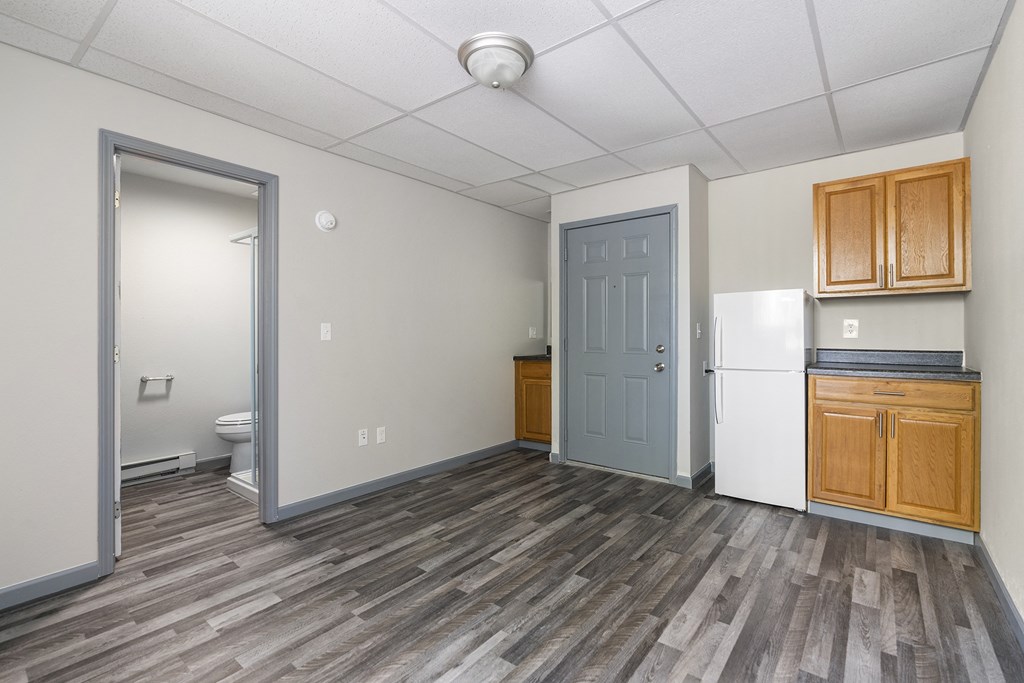 the living room and kitchen of an apartment with a refrigerator and a sink