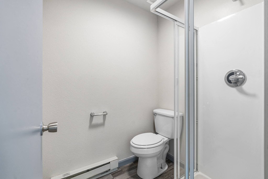 a bathroom with a toilet and a shower