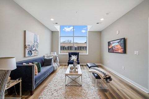 A living room with a blue couch and a white rug.
