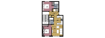 A floor plan of an apartment complex with various rooms and layouts.