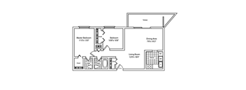A black and white image of a floor plan for a house with a master bedroom, dining area, living room, and two other bedrooms.