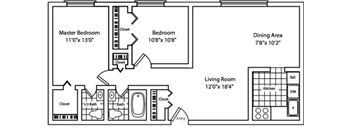 A black and white floor plan of a house with a master bedroom, a dining area, a living room, a kitchen, and two bathrooms.