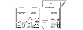 A black and white floor plan of a house with a master bedroom, a dining area, a living room, and two bathrooms.