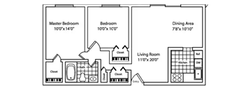 A floor plan of a house with a master bedroom, a bedroom, a dining area, and a living room.
