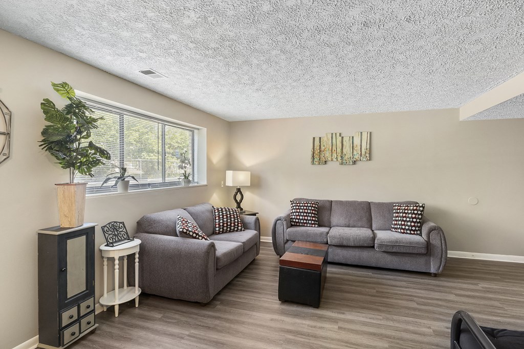 a living room with a couch and a chair and a window
