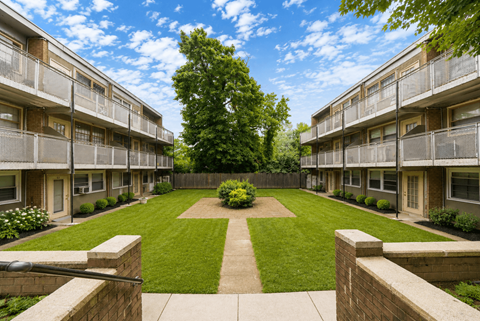 A courtyard with a lawn and a tree in the middle of it.