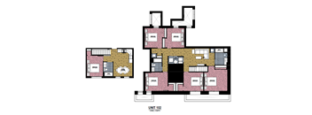 A floor plan of a unit with a living room, kitchen, and two bedrooms.