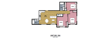 A floor plan of a unit with a 4 bedroom and 2 bathroom layout.