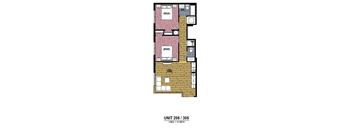 A floor plan of a 2 bedroom, 1 1/2 bath unit.