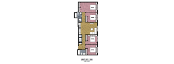 A floor plan of a unit with 4 bedrooms and 2 bathrooms.